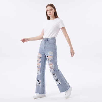 Women's High Waist Distressed Wide Leg Jeans