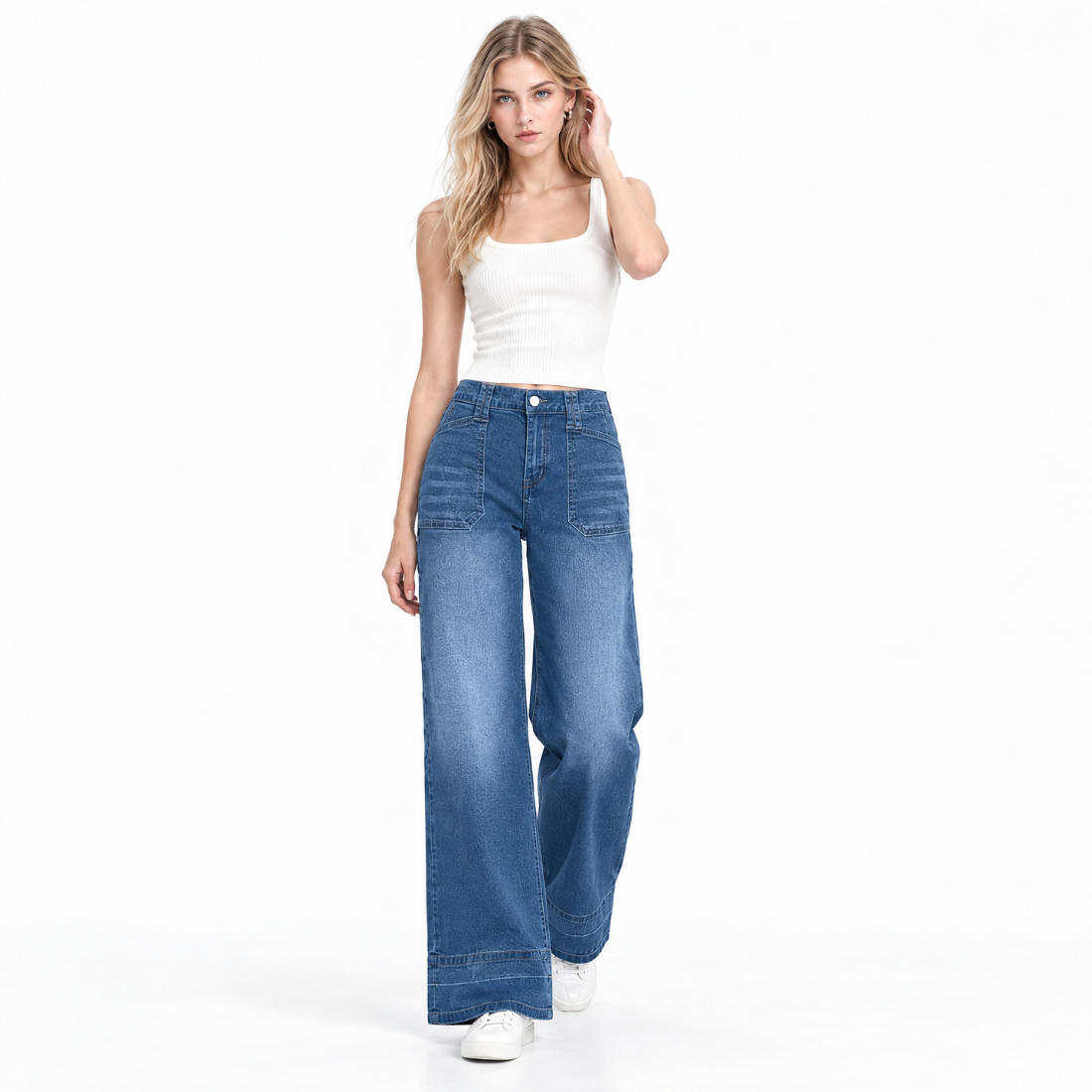 Women's High Waist Patchwork Wide Leg Jeans