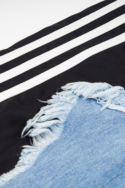 Unisex Summer Cotton Fringe Patch Striped Wide-Leg Jeans