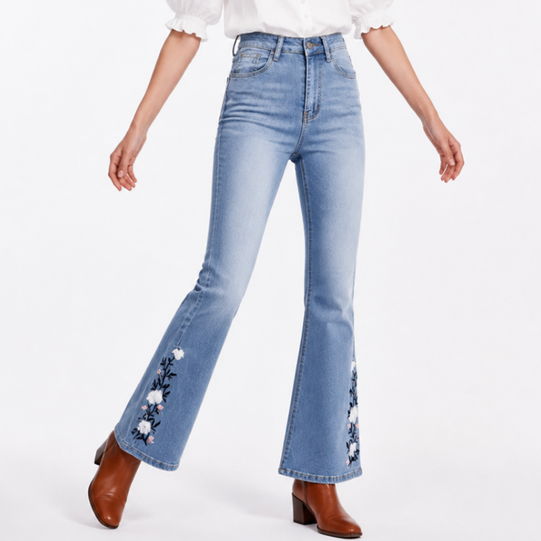 Women's High Waist Floral Embroidered Flare Jeans