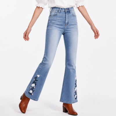 Women's High Waist Floral Embroidered Flare Jeans