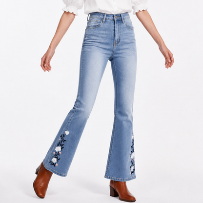 Women's High Waist Floral Embroidered Flare Jeans