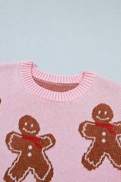 Women's Fall Christmas Gingerbread Print Crew Knit Sweater