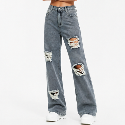 Women's High Waist Distressed Ripped Wide Leg Jeans