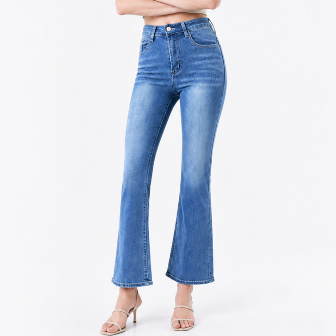 Women's High Waist Stretch Embroidered Pockets Flare Jeans