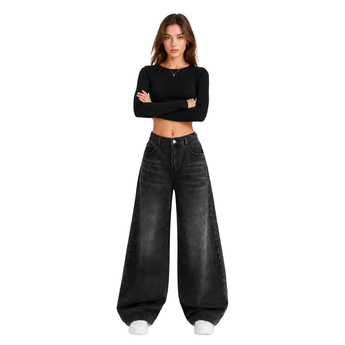 Women's high-rise wide-leg jeans with a half-elastic waist
