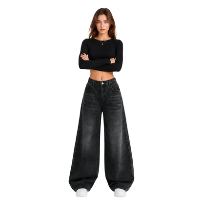 Women's high-rise wide-leg jeans with a half-elastic waist
