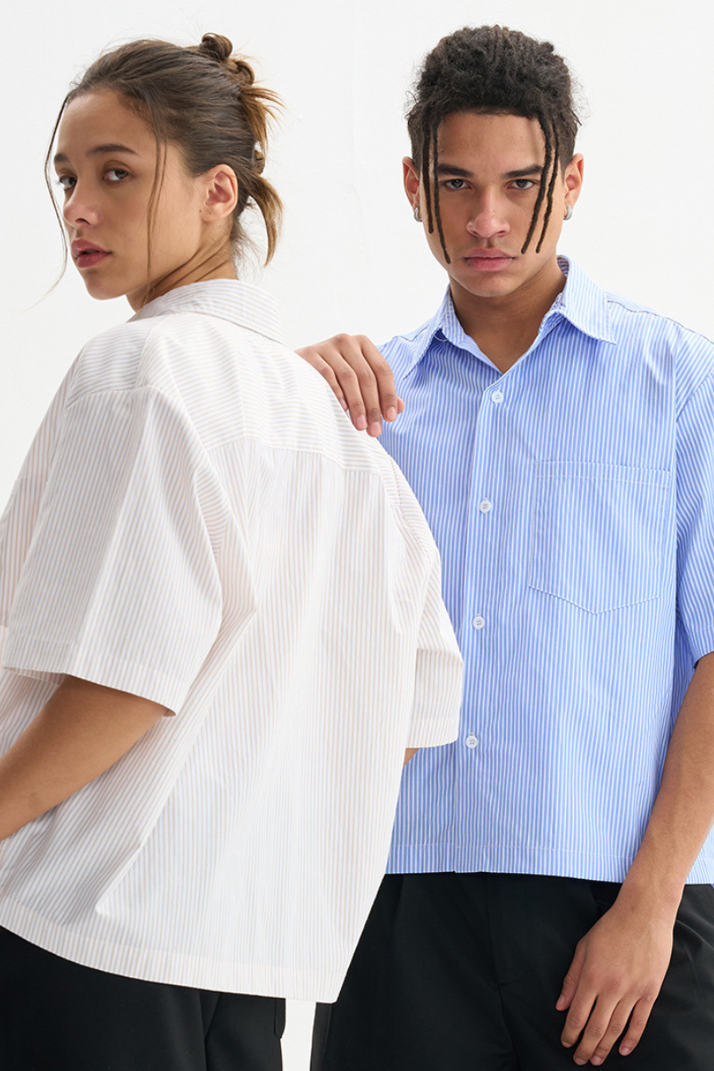 Men's Summer Woven Striped Loose Cropped Short Sleeve Shirt