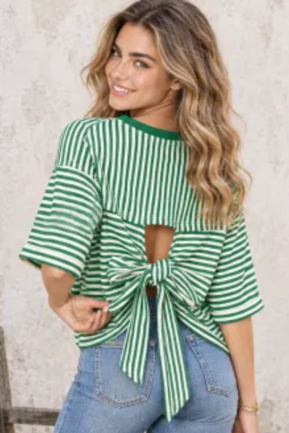 Women Spring/Summer Striped Back Tie Relaxed Blouse