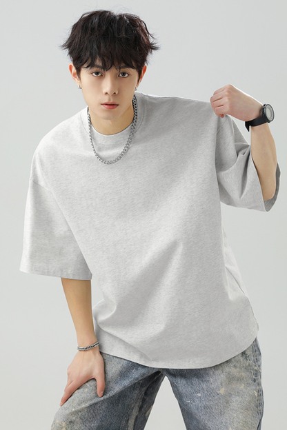 Men's Summer Japanese Loose Cotton Solid Crewneck Basics Tee