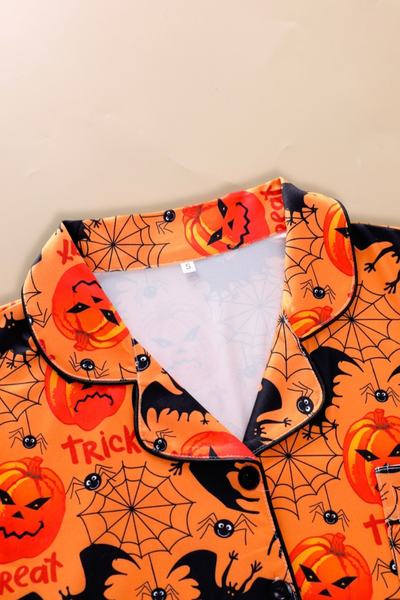 Women Fall Clothing Halloween Pumpkin Bat Web Pajama Set