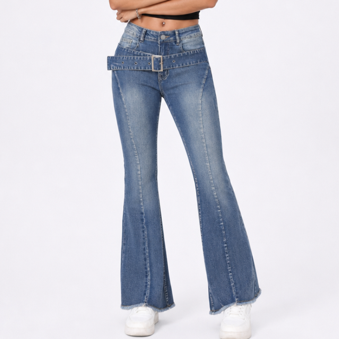 Women's High Waist Stretch Flare Jeans with Attached Belt