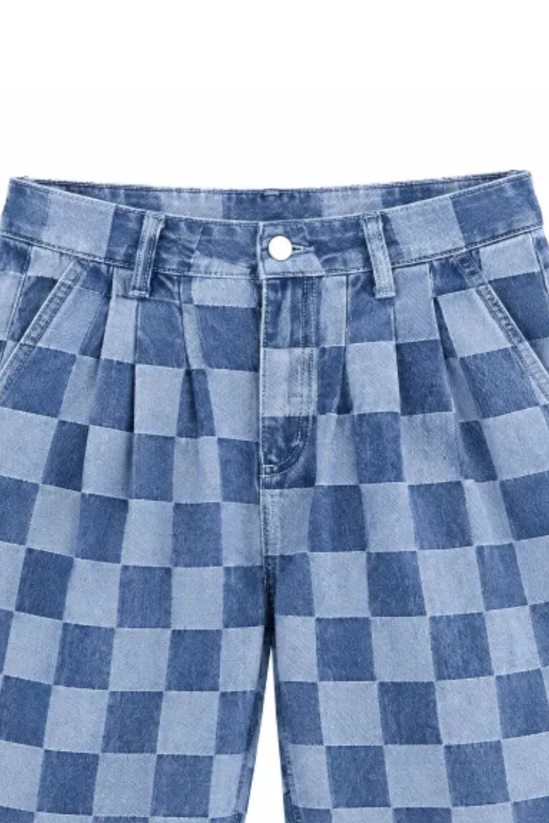 Women Fall Clothing Vintage Checkerboard Wide Leg Jeans