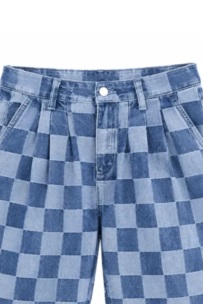 Women Fall Clothing Vintage Checkerboard Wide Leg Jeans