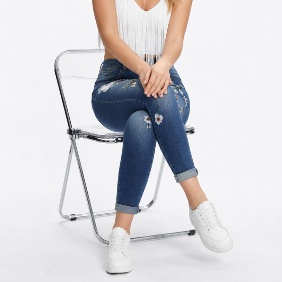 Women's Vintage High Waist Floral Embroidered Skinny Jeans