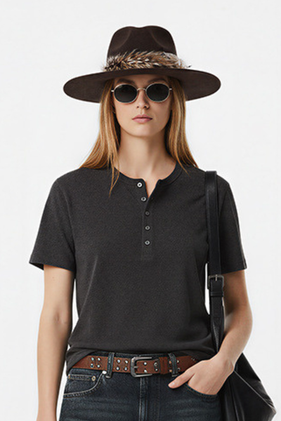 Women's Summer Button Placket Oversized Tee - Natural Fabric