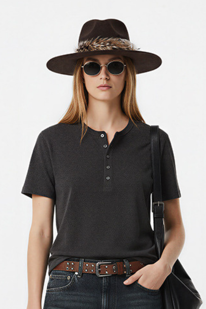 Women's Summer Button Placket Oversized Tee - Natural Fabric