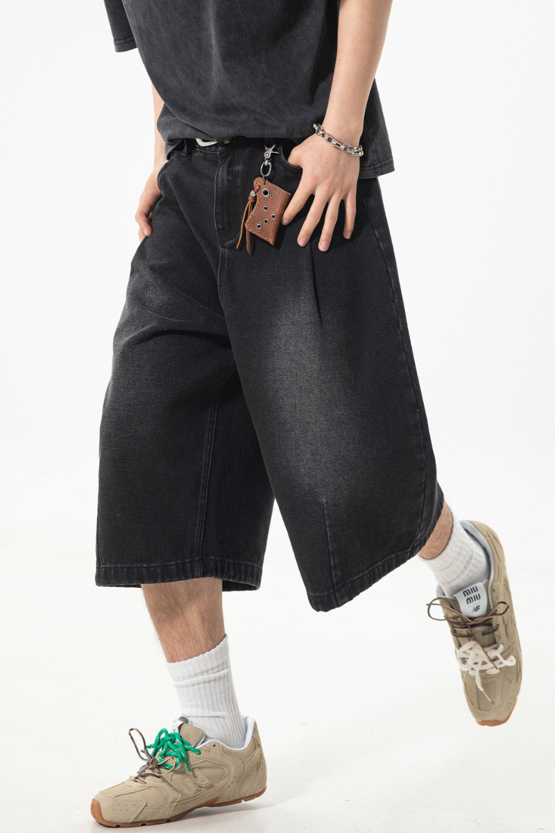 Men's Summer Washed Pleated Straight Cropped Denim Shorts