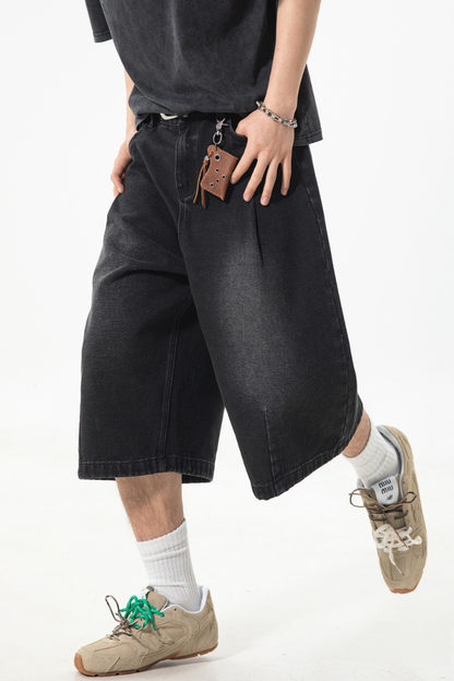 Men's Summer Washed Pleated Straight Cropped Denim Shorts