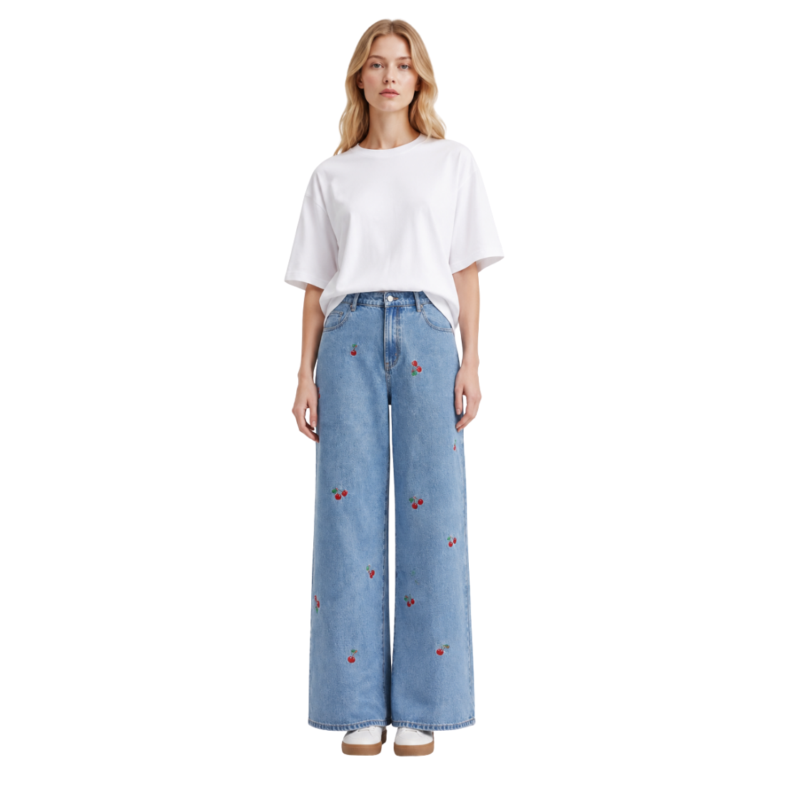 Women's High Waist Cherry Embroidered Wide Leg Jeans