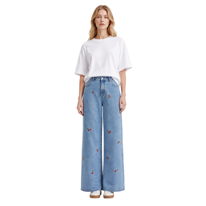 Women's High Waist Cherry Embroidered Wide Leg Jeans