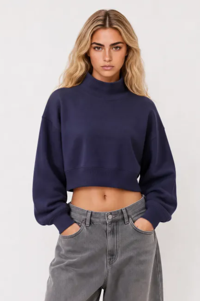 Women Spring Cotton Blend Mock Neck Cropped Sweatshirt