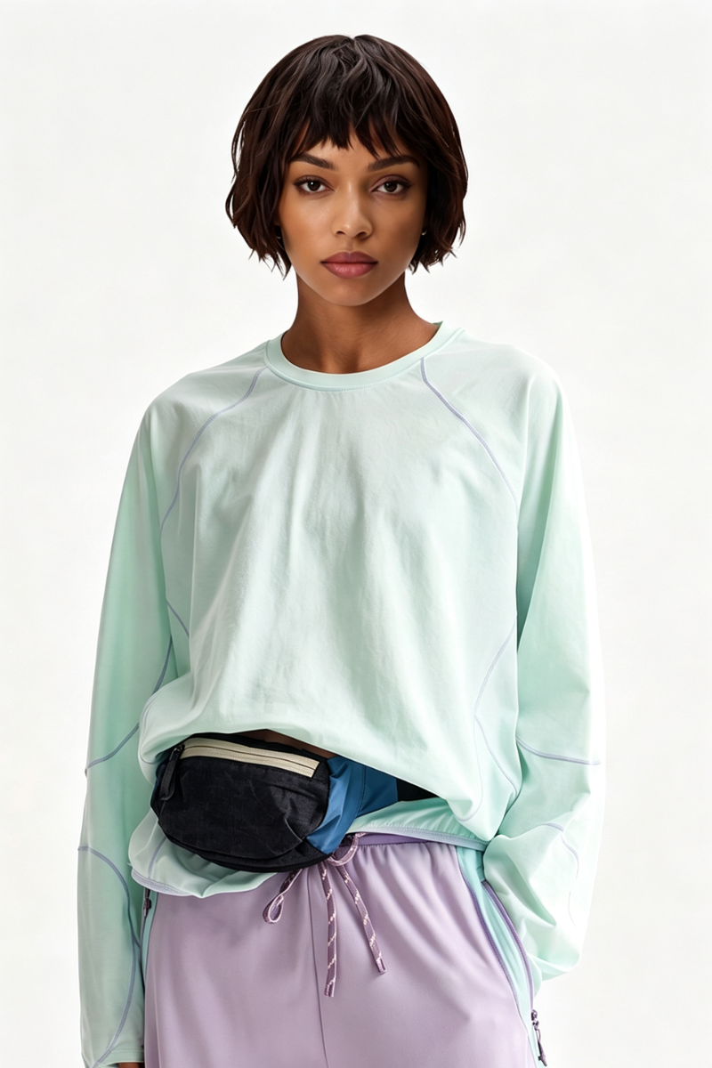 Women Fall Contrast Stitch Crew Neck Long Sleeve Top