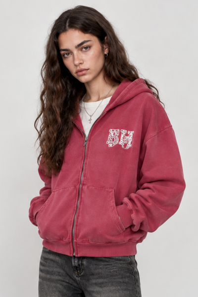 Women Fall Clothing Vintage Rhinestone Zip Up Hoodie