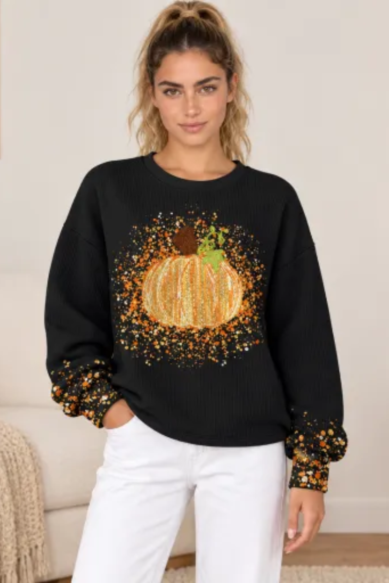 Women Fall Clothing Halloween Glitter Pumpkin Sweatshirt
