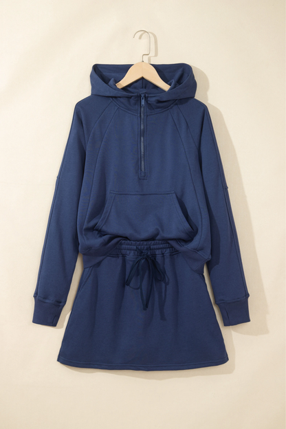 Women Spring Half Zip Cropped Hoodie Side Slit Skort Set