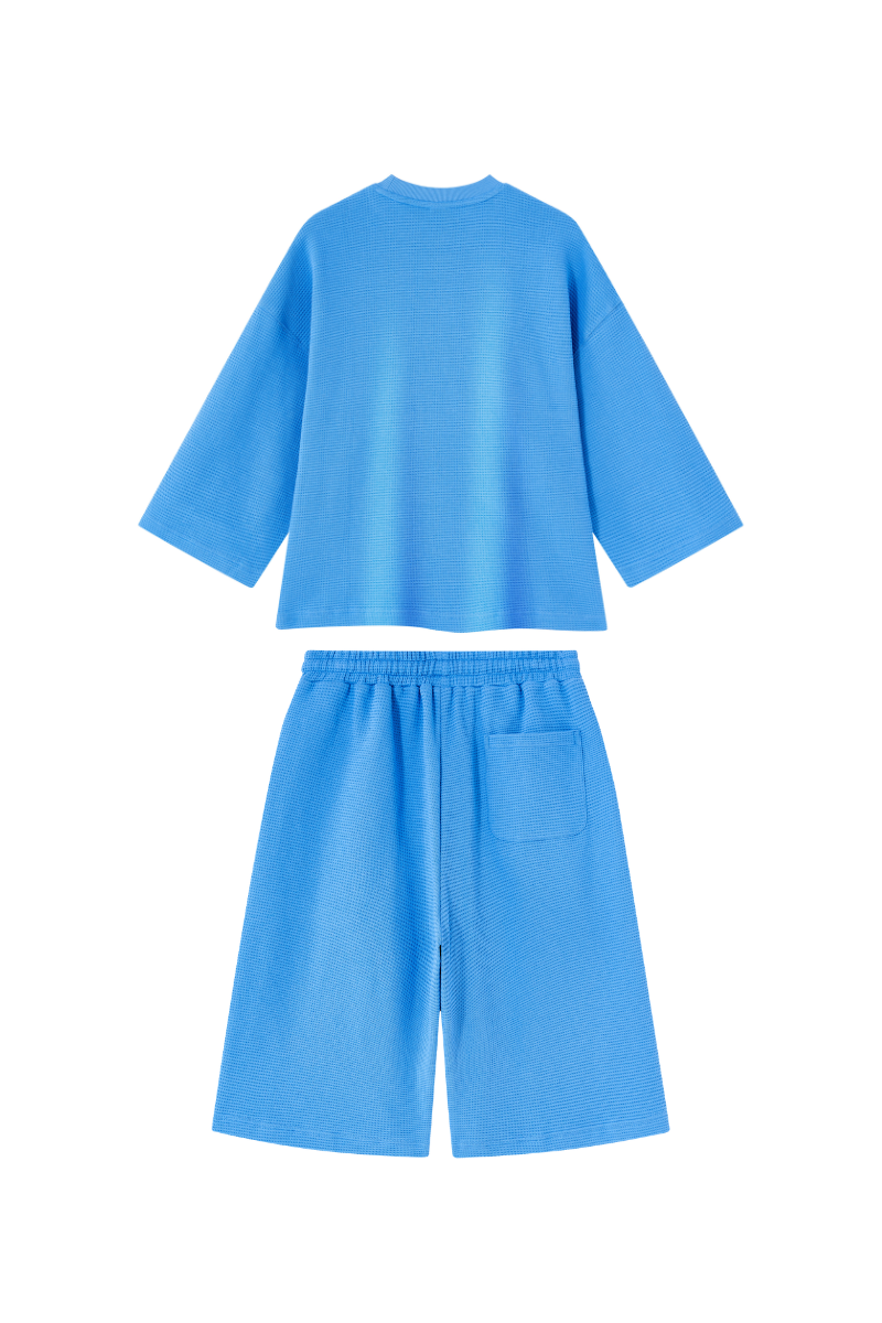 Men Spring Waffle Knit Loose Casual Top and Shorts Set