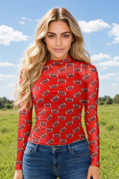 Women Spring Football Print Sheer Mesh Mock Neck Top