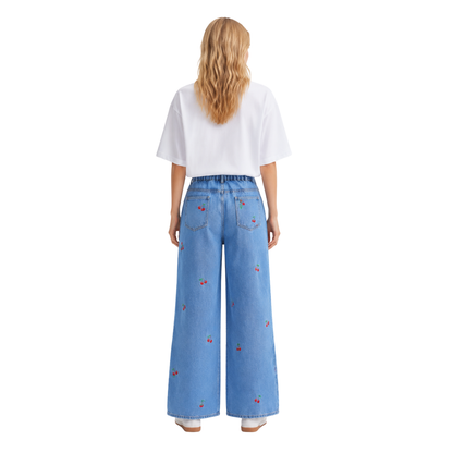 Women's High Waist Cherry Embroidered Wide Leg Jeans