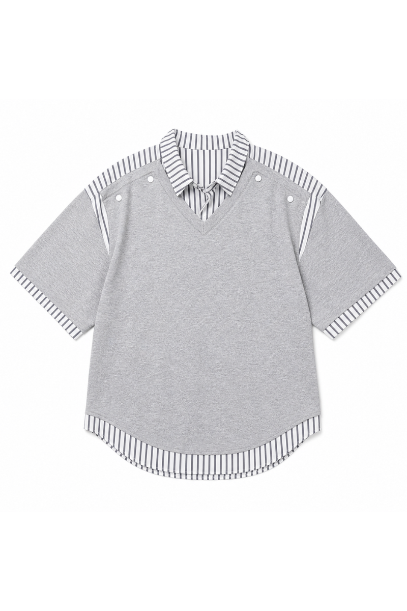 Unisex Summer Layered Stripe-Spliced Short-Sleeve T-Shirt