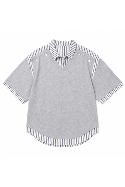 Unisex Summer Layered Stripe-Spliced Short-Sleeve T-Shirt