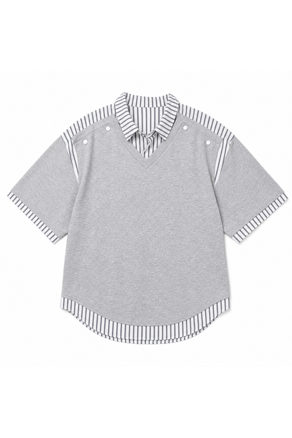 Unisex Summer Layered Stripe-Spliced Short-Sleeve T-Shirt