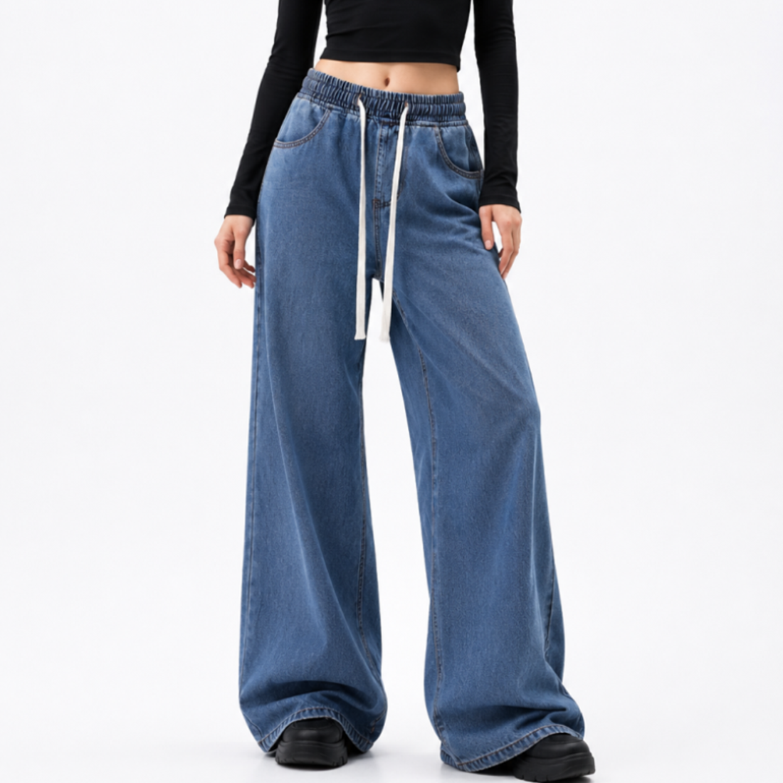 Women's Drawstring Waist Wide Leg Jeans