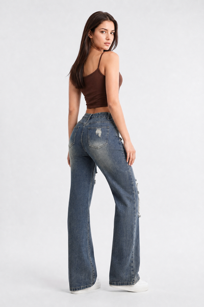 Women's High Waist Distressed Straight Leg Jeans