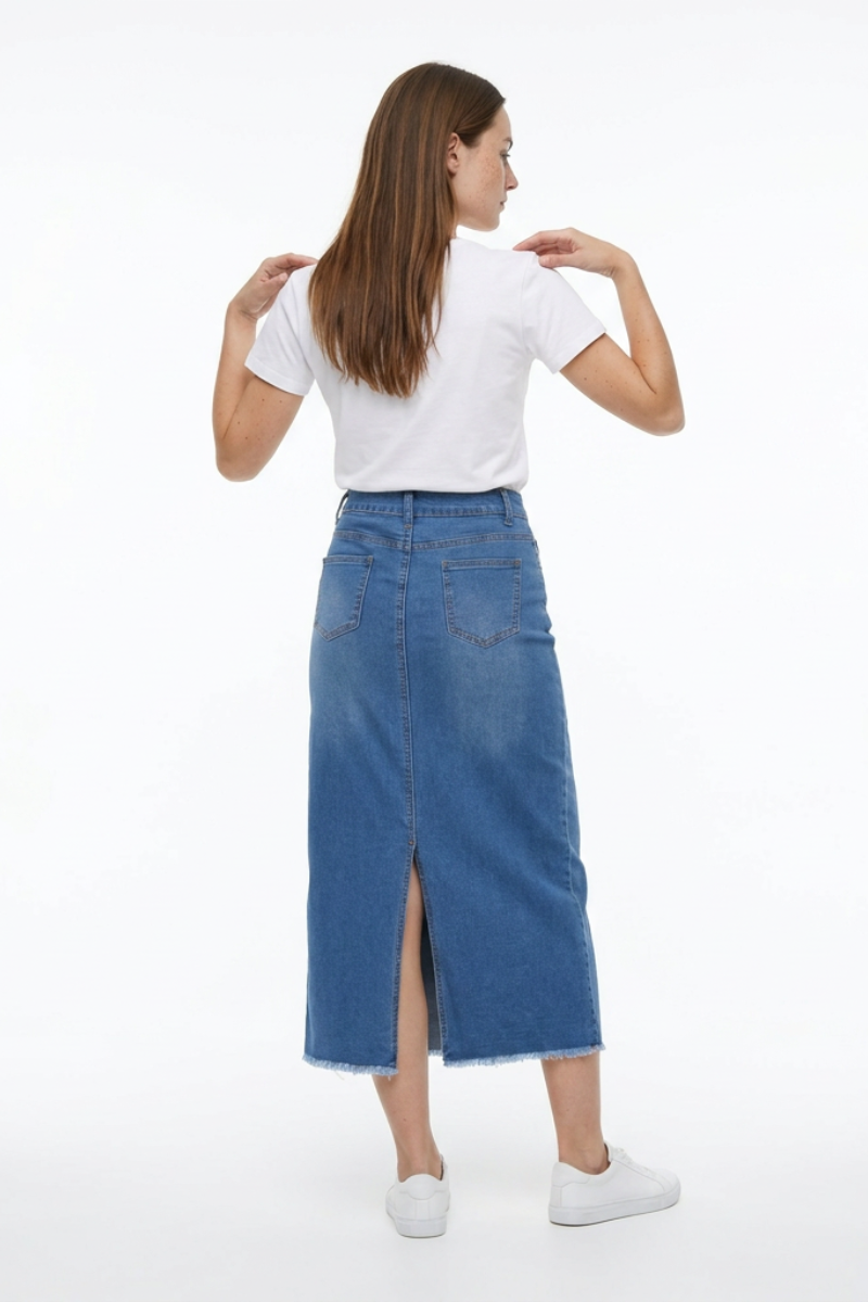 Women's High Waist Back Slit Denim Midi Skirt