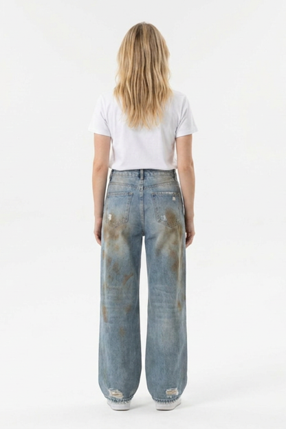 Women's Multi-Layer Dirty Wash High Waist Wide Leg Jeans