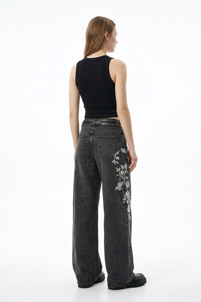Women's Floral Embroidered High Waist Stretch Wide Leg Jeans