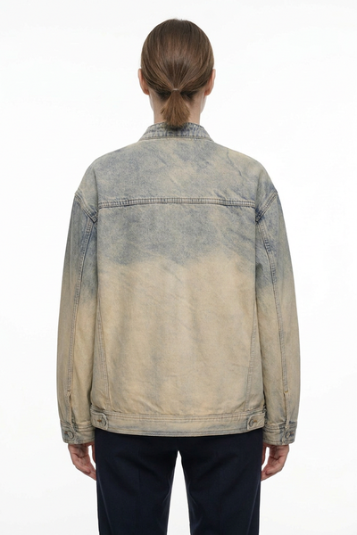 Women's Washed Stand Collar Zip-Up Vintage Denim Jacket