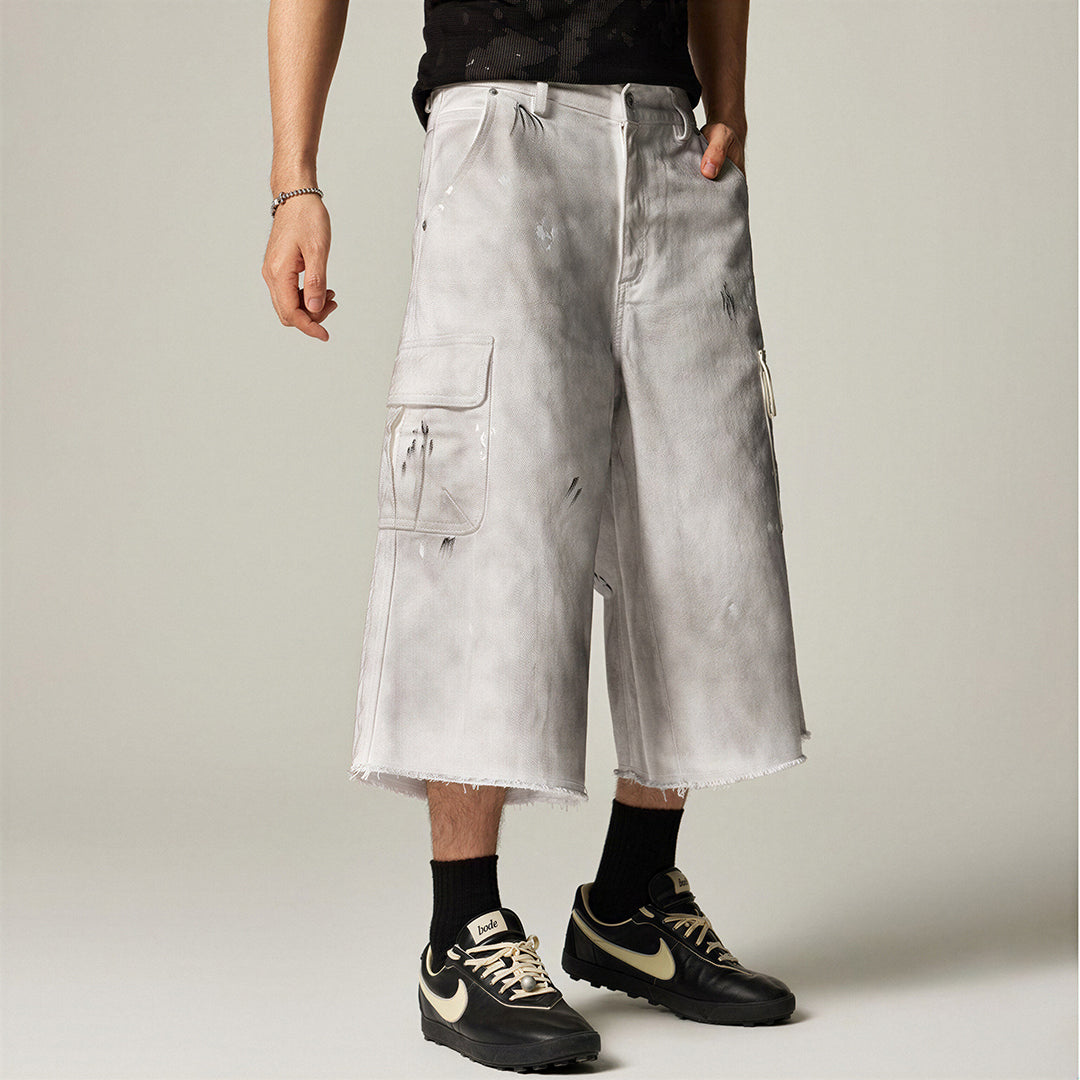 Men's Spring Gradient Splatter Cargo Wide-Leg Denim Shorts