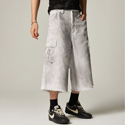 Men's Spring Gradient Splatter Cargo Wide-Leg Denim Shorts