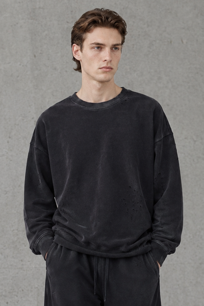 Men Fall Clothing Washed Distressed Streetwear Sweatshirt