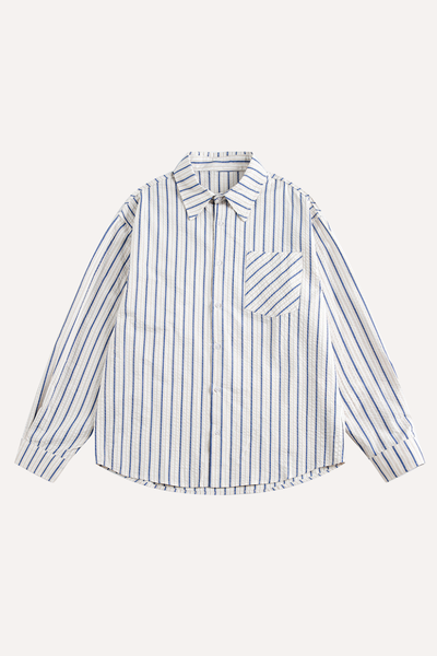 Unisex Spring Cotton Stripe Set-in Long Sleeve Retro Shirt