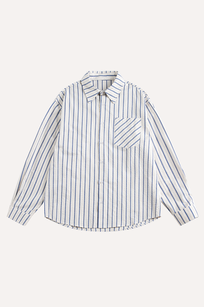 Unisex Spring Cotton Stripe Set-in Long Sleeve Retro Shirt