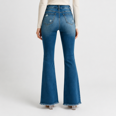 Women's Distressed Ripped Frayed Hem Stretch Flare Jeans