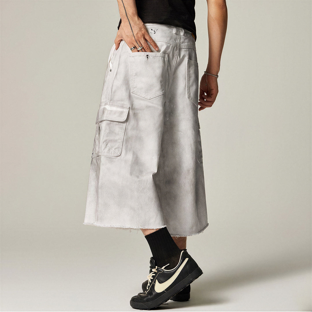 Men's Spring Gradient Splatter Cargo Wide-Leg Denim Shorts