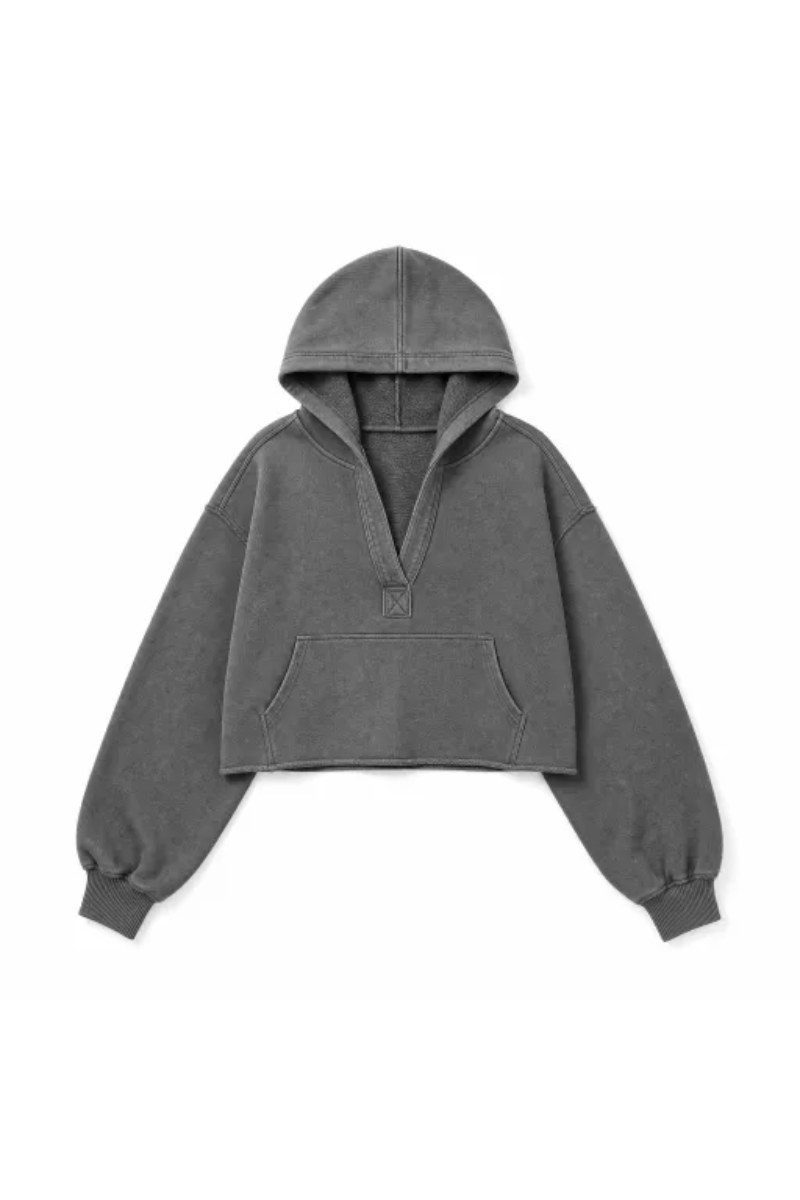 Women Spring Raw Edge V Neck Cropped Pullover Hoodie